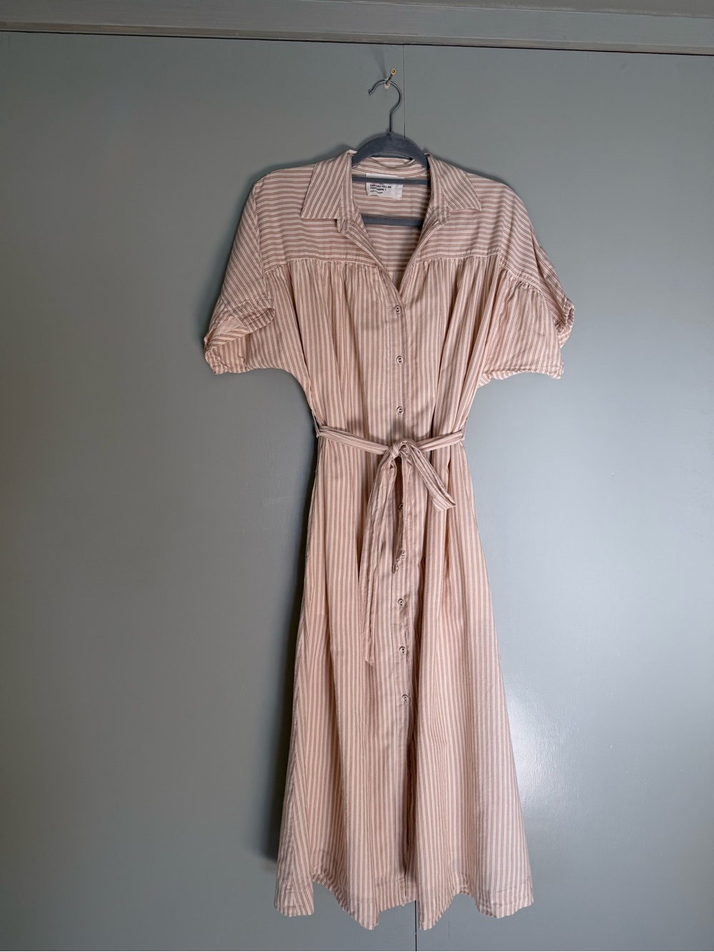 Leon & Harper Button-Front Tie-Waist Midi Dress in Beige Stripe